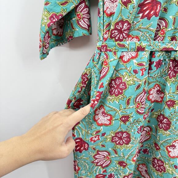 Maisie Tie Waist Midi Dress in Ethnic Floral Sz L Green Pink Boho Beachy Cotton - Picture 8 of 16
